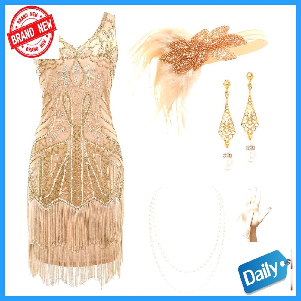 Flapper Dress Set with Beaded Fringe, 1920s Gatsby Costume Accessories
